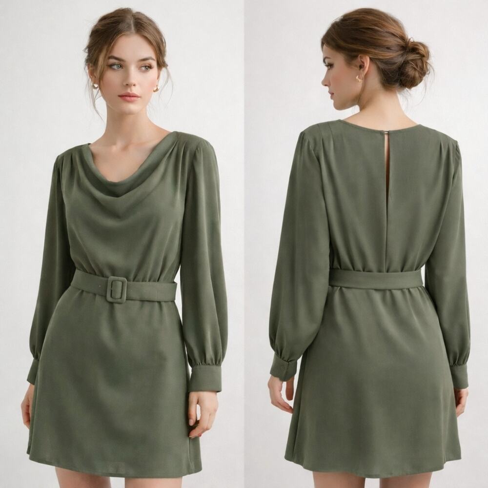 ZARA Olive Green Cowl Neck Open Back Belted Mini Dress Long Sleeve Size M